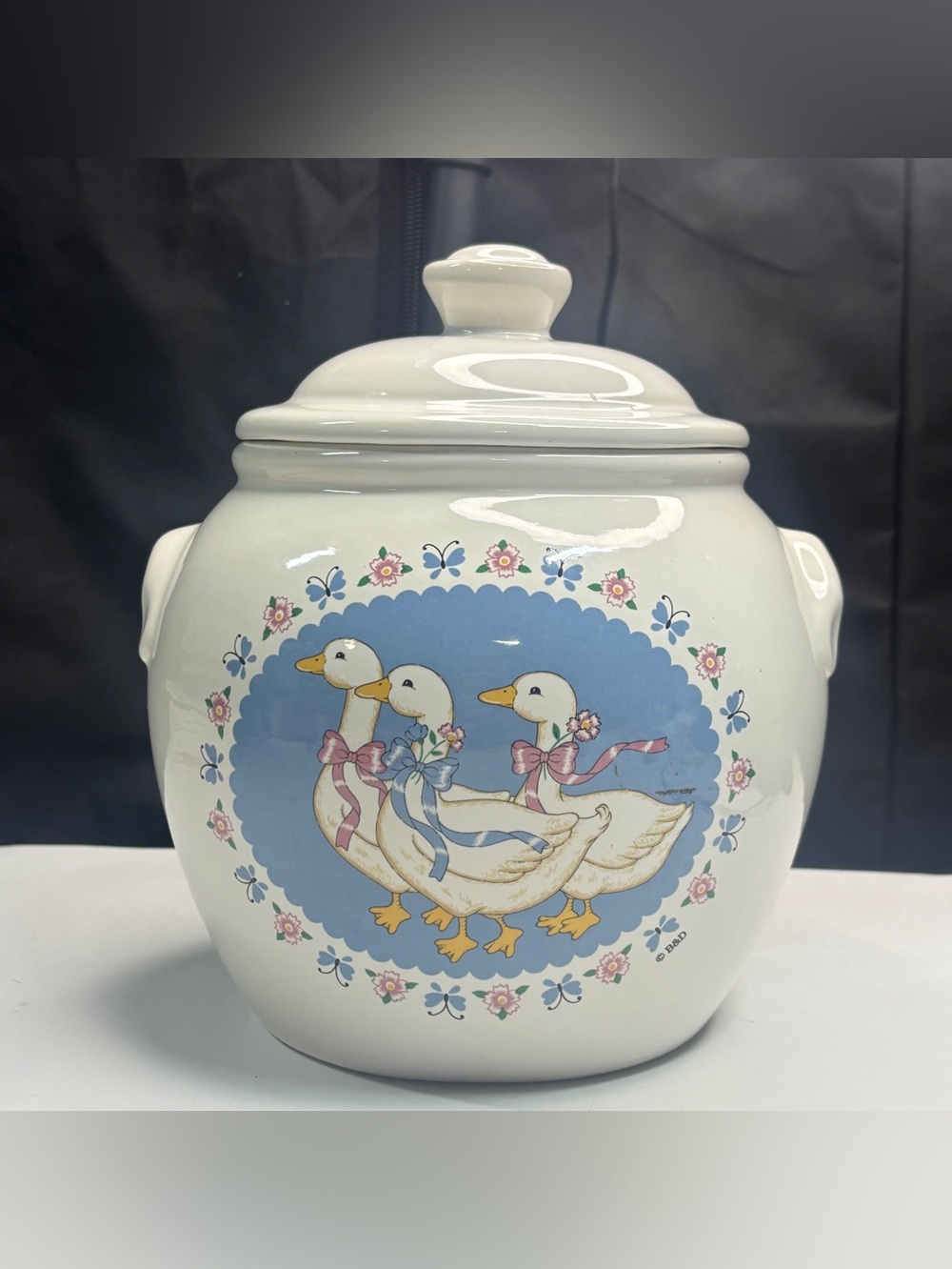 Ribbon Geese Cookie Jar 10" Signed B & D Vintage 80s Grandma Cottage Core